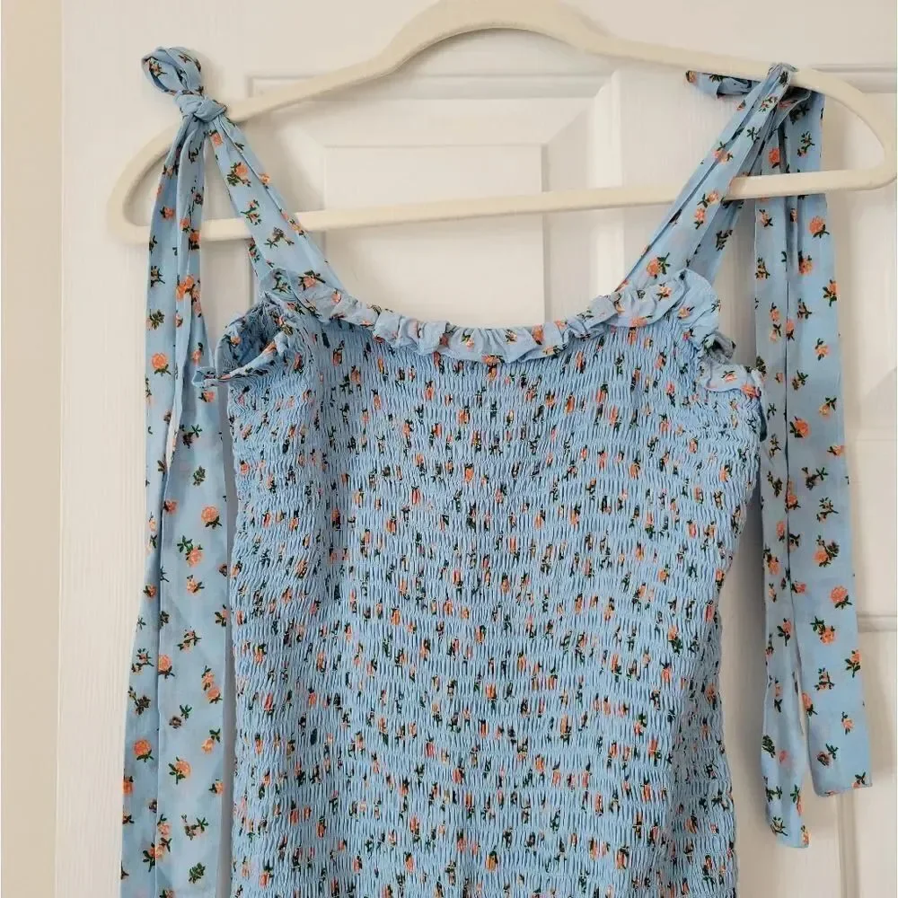 NWOT Free People bella smocked printed slip dress in sky blue